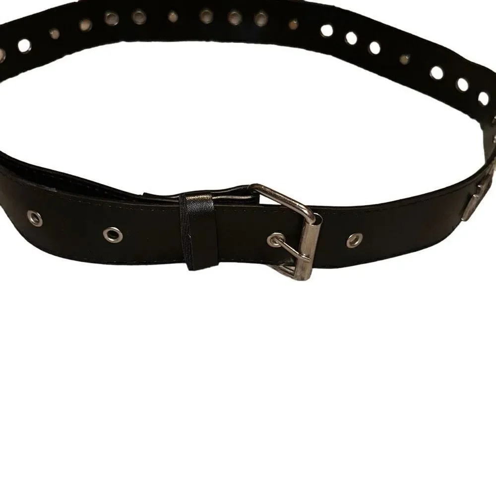 Single Pin Buckle Unisex Black Cross Grommet Faux Leather Belt